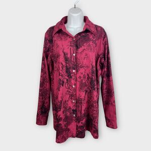Soft Surroundings Large Tall Burgundy Toile Button Up Blouse Faux Suede Career